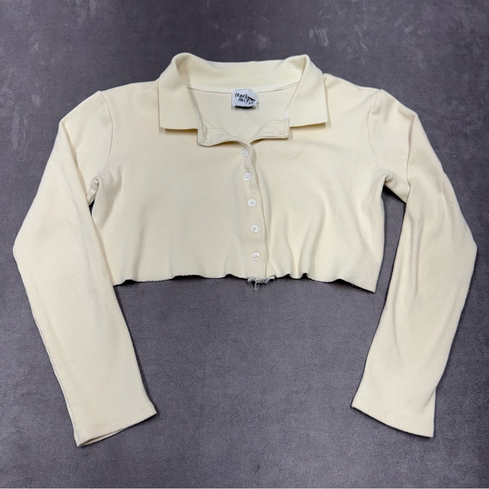 Princess Polly Beige Button-Up polo collar Crop Top long sleeve women’s 4
